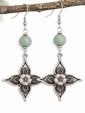 Silver Floral Dangle Earrings with Green Stone Beads